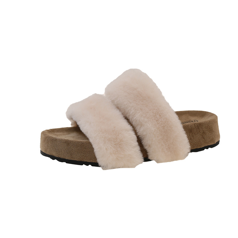 White thick-soled woolen slippers for women's outerwear, a new style of fluffy and fleece one-line cotton slippers in the autumn of 2025 Item Picture