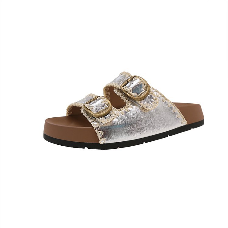 Design sense, niche thick-soled leather Burken shoes, slippers, women's shoes, summer silver flip-flops, casual beach shoes Item Picture