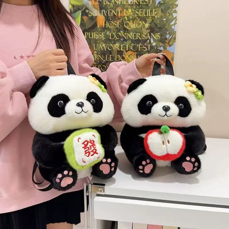 可爱熊猫花花双肩包女卡通牛油果苹果熊猫亲子包毛绒玩偶儿童包包详情2