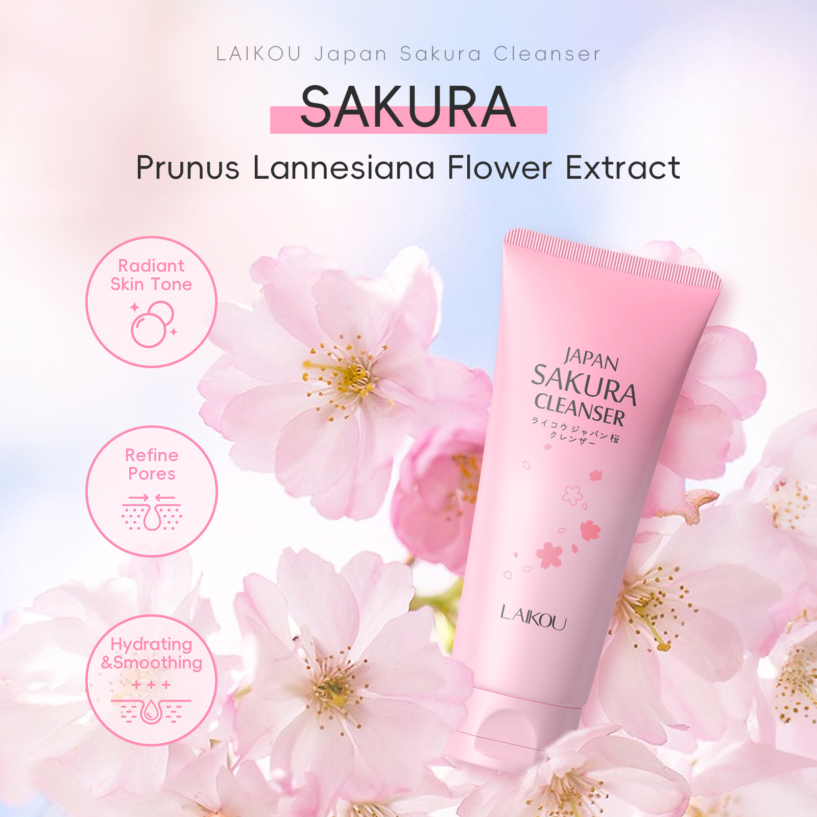 Cross-border LAIKOU Cherry Blossom Facial Cleanser 100g All-English skin care facial cleanser, cleansing and moisturizing manufacturer for export Application Scenario