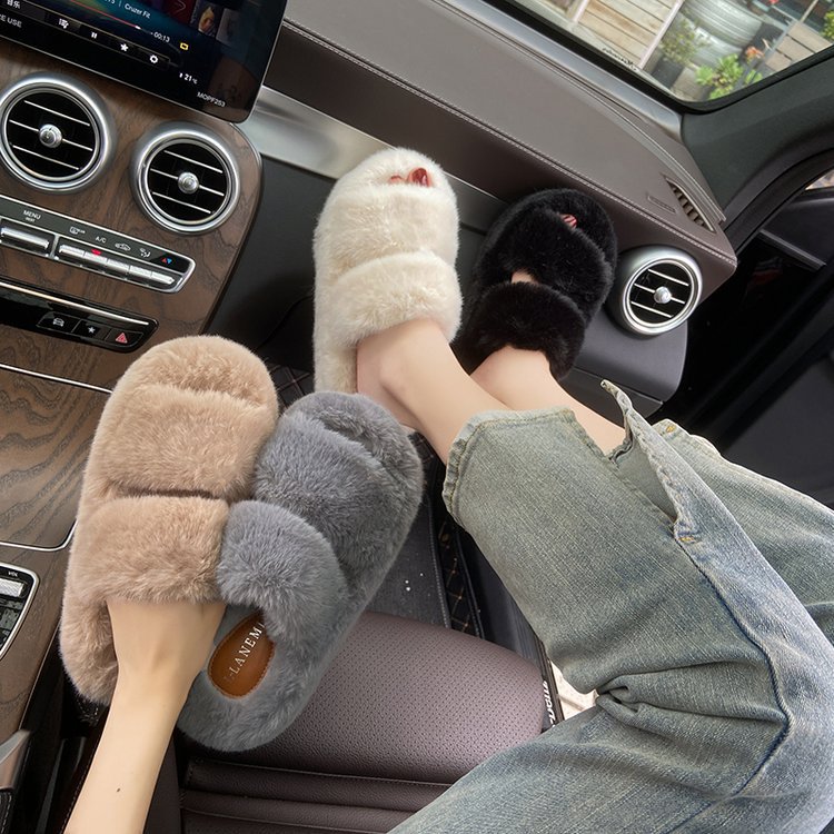 7CM thick-soled slippers, new autumn and winter style, furry slippers, women's parallel bars, Korean style casual, fleece and thickened home slippers, worn outside details Picture