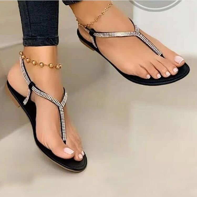 Summer women's sandals, flat for college students, 2025 new fashion, rhinestone one-strap Roman shoes, summer women's shoes full figure
