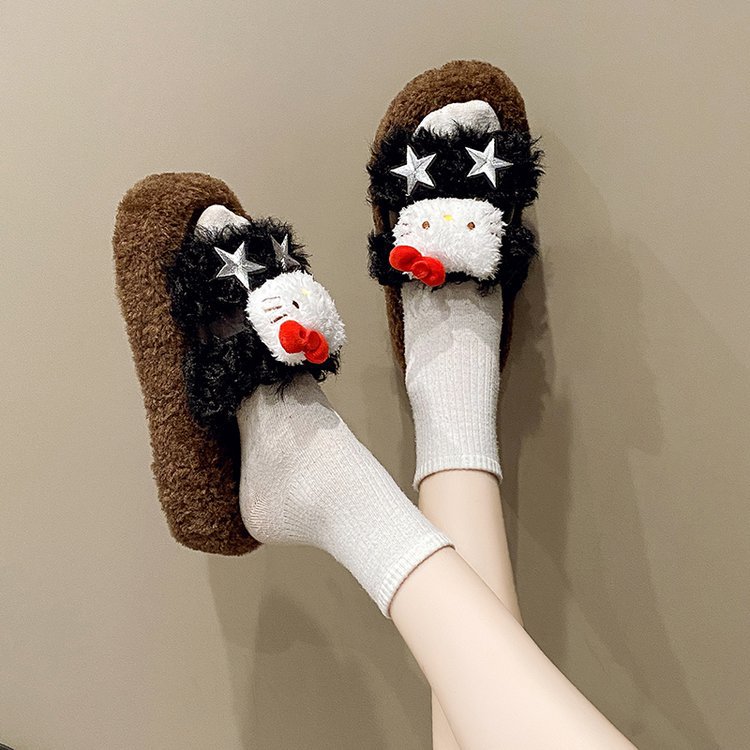 Cute cartoon kitten cotton slippers, new style for autumn and winter 2025, fashionable outerwear, casual and versatile one-shoulder slippers Specification drawing