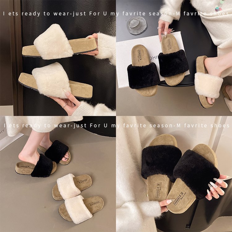 The new thick-soled one-shoulder slippers for women's outerwear in the autumn and winter of 2025 are versatile and casual, with open-toe furry shoes and cool slippers in vogue Specification drawing