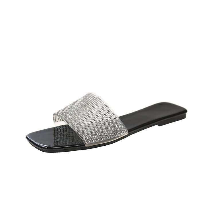 Water diamond slippers for women's summer outerwear, Korean style versatile flat cool slippers, 2025 summer Internet celebrity one-shoulder slippers Item Picture