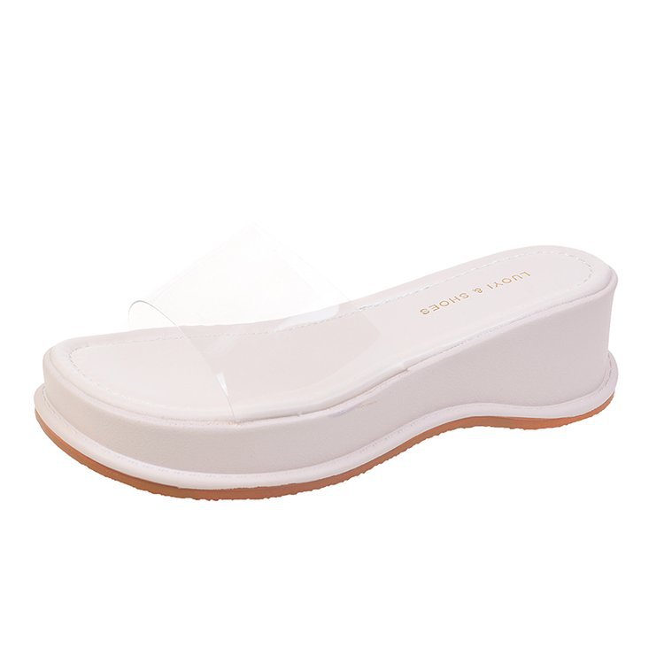 Thick-soled wedge heel slippers for women's summer outerwear, fairy style 2025 new transparent one-strap sandals, high-heeled simple flip-flops Item Picture