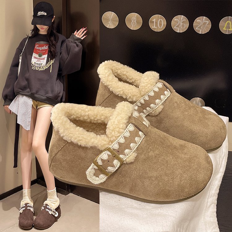 Fleece and thickened warm flat insole height-increasing cotton shoes for women 2025 new style winter one-step soft-soled Burken shoes full figure
