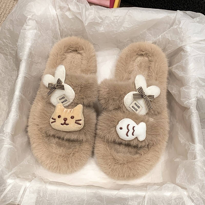 Soft and cute new autumn and winter woolen slippers for women to wear outside, popular flat-bottomed home woolen double-bar anti-slip cotton slippers Specification drawing