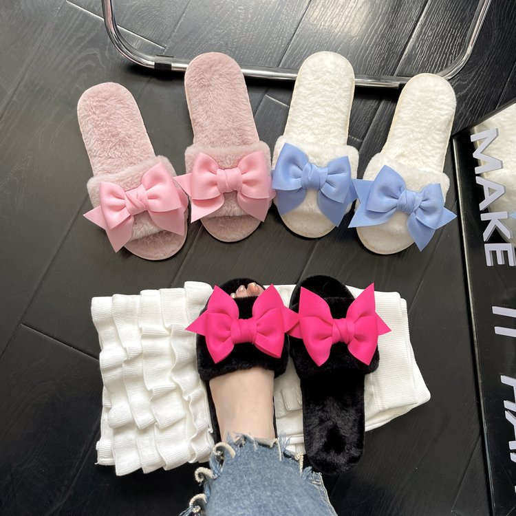Korean stylish and fashionable bow wool slippers for women's winter home, soft soled comfortable and warm cotton slippers for women details Picture