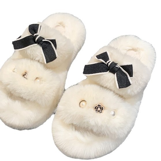 Striped bow fur slippers for women's outerwear 2025 autumn/Winter new fashionable height-increasing home double-bar plush cotton slippers Item Picture