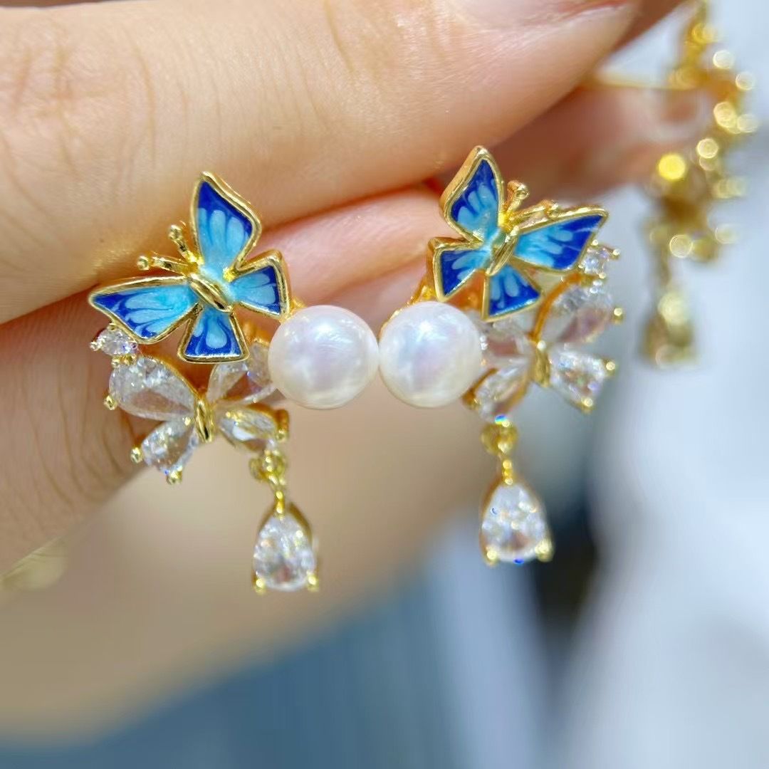 Natural freshwater pearl stud earrings, summer exquisite colored glaze butterfly blue stud earrings, women's zircon bestseller pearl necklace jewelry necklace Specification image