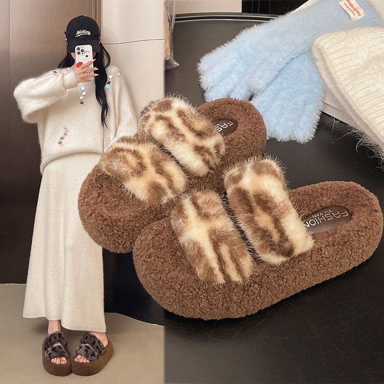 Thick-soled leopard print woolen slippers for women's outerwear, one-line fleece for warmth and height increase, new style cotton slippers for autumn and winter 2025 full figure