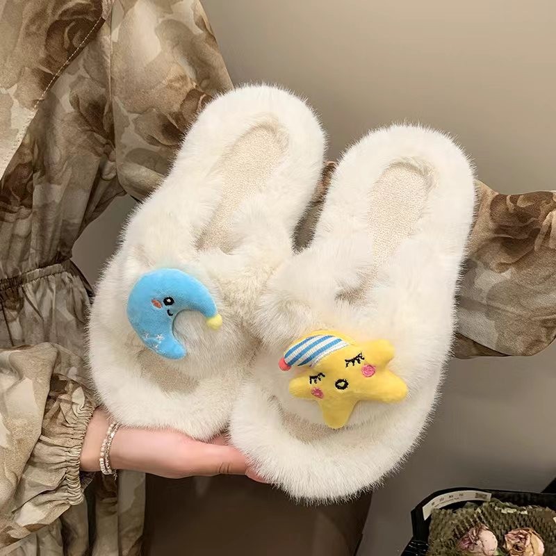 Cute Starry Moon cross fur slippers for women 2025 autumn/Winter new style outdoor home warmth flat heel fur slippers details Picture