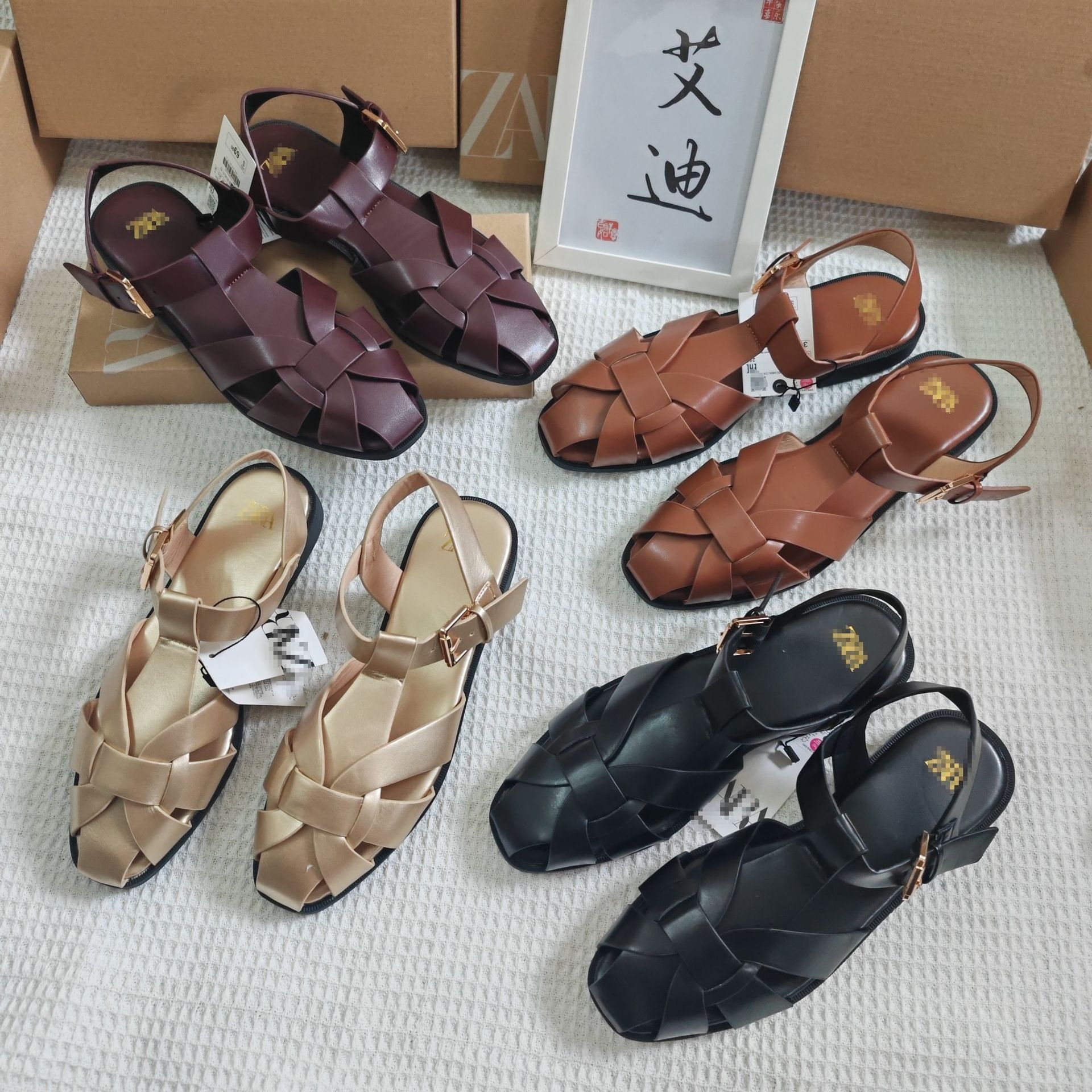 Wholesale of ZAR original single unpacked woven flat Roman sandals for women with a loop and a back strap Specification drawing