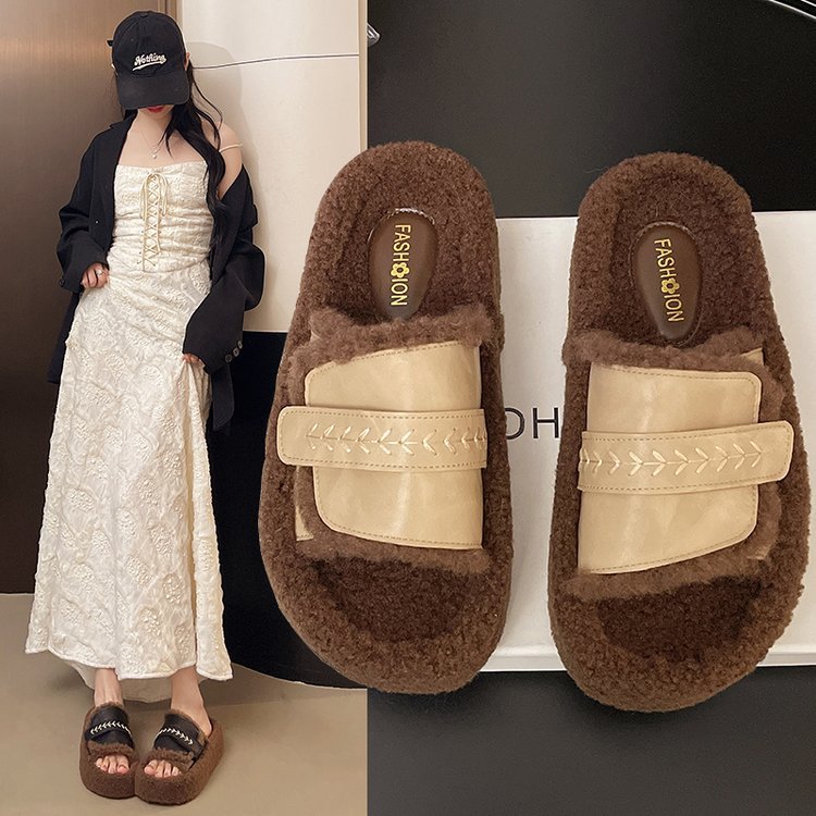 Brown Boken women's woolen slippers French fleece fairy Velcro lambskin casual autumn and winter outerwear women's shoes full figure