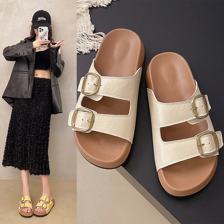 Petite thick-soled Birken sandals for women, 2025 Summer new style, yellow leather surface, outerwear, enhanced high fire beach slippers details Picture