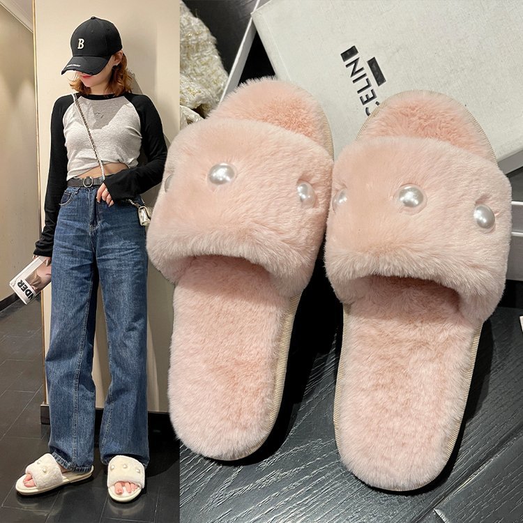 Autumn and winter flat, versatile, pearl, simple, elegant and grand 2025 one-shoulder woolen slippers full figure