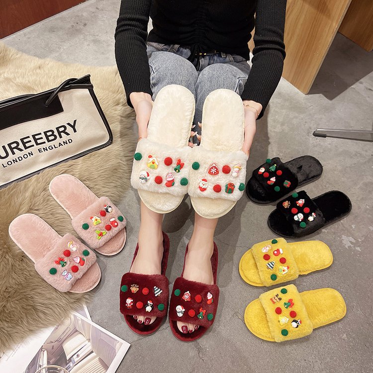 2025 New cartoon flat-bottomed, versatile, casual and girlish home wear, autumn and winter furry slippers details Picture