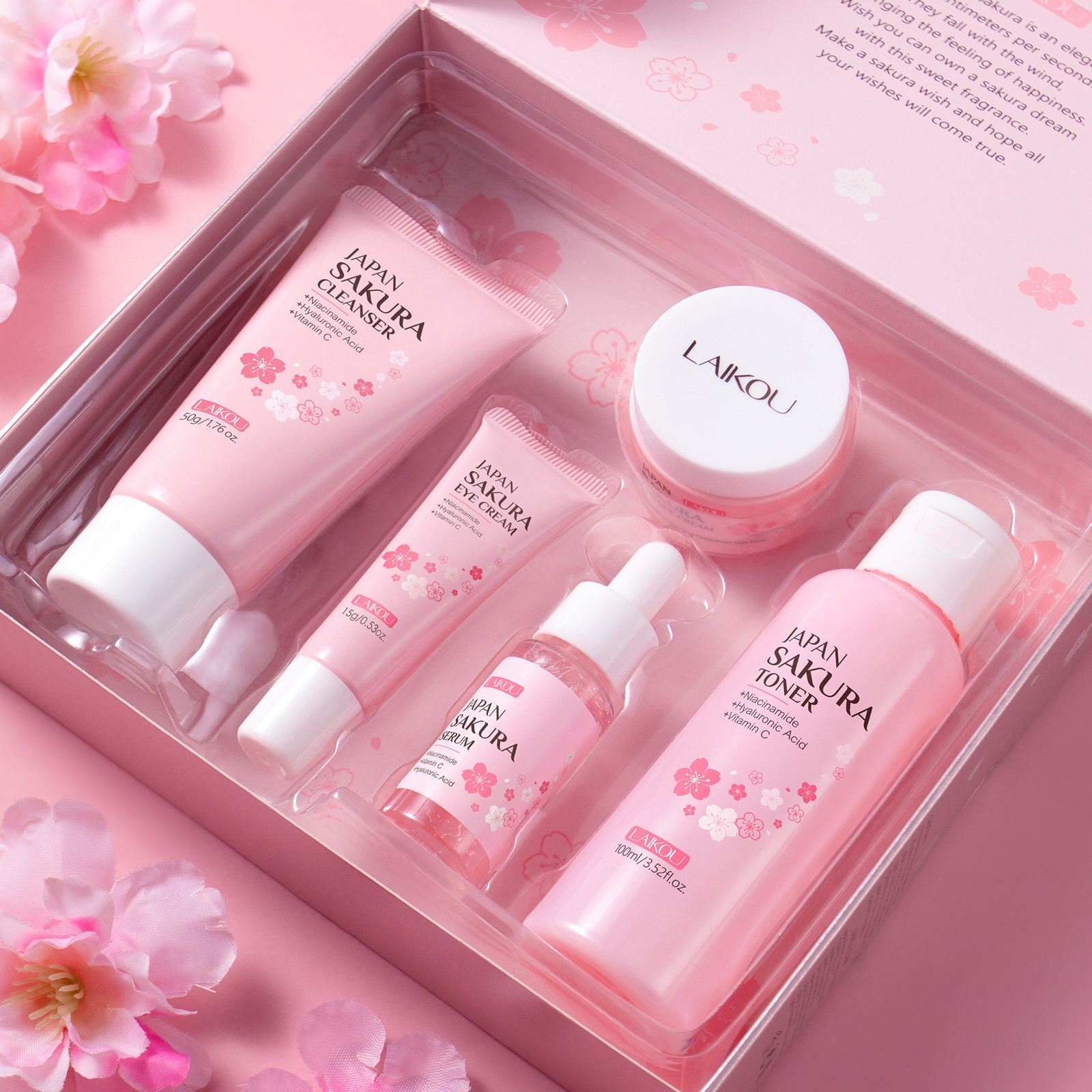 Laikou Sakura Five-piece Set Gift Box Moisturizing, Hydrating, Nourishing Essence, Cream and Skin Care Product Set Manufacturer wholesale full figure