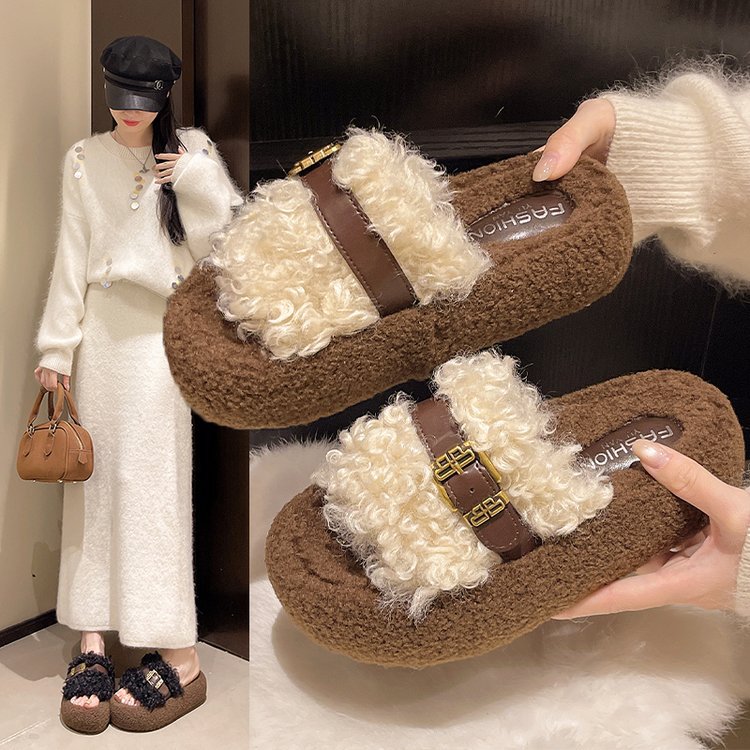 Retro thick-soled woolen slippers for women to wear outside, 2025 autumn/winter Korean-style comfortable curly woolen slippers, one-shoulder cotton slippers for women full figure
