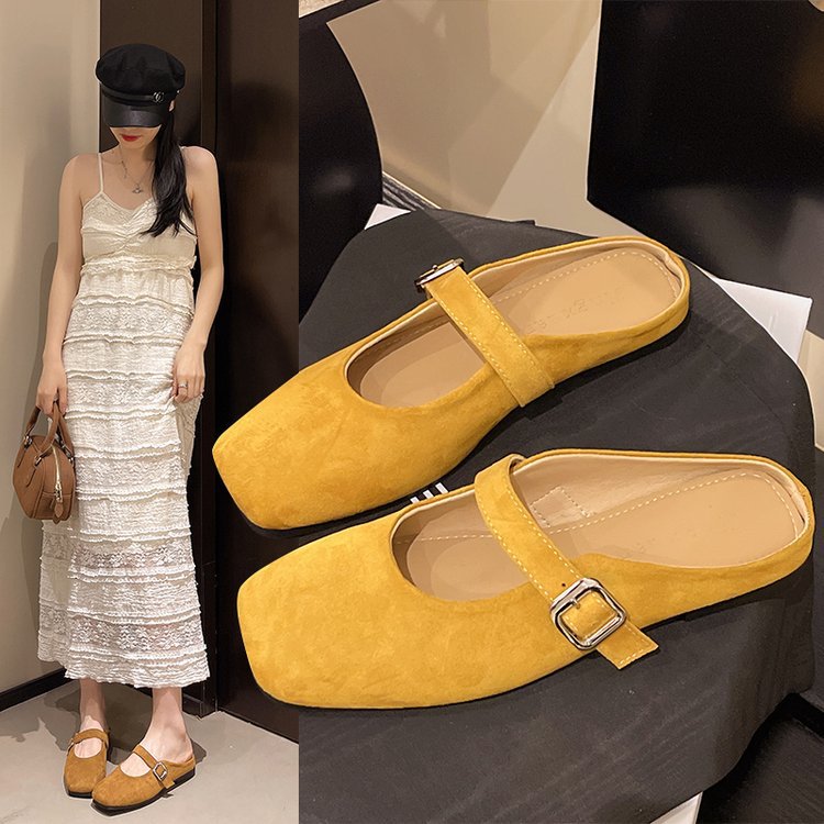 Baotou half-slipper women's summer outerwear 2025 new style one-step lazy person Muller Mary Jane single shoe Yellow Birken shoes full figure