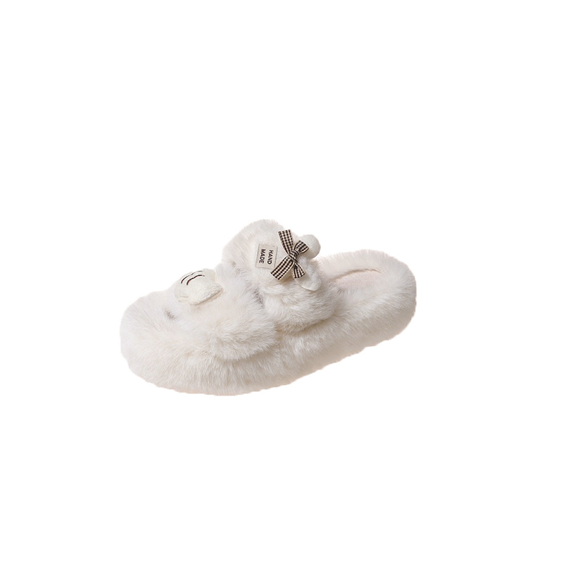 Soft and cute new autumn and winter woolen slippers for women to wear outside, popular flat-bottomed home woolen double-bar anti-slip cotton slippers Item Picture