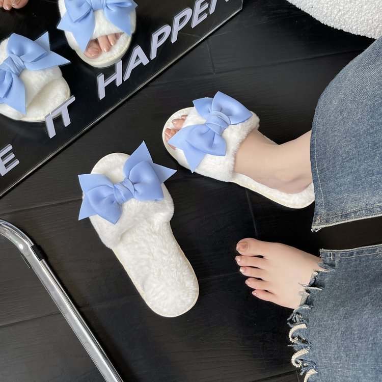 Korean stylish and fashionable bow wool slippers for women's winter home, soft soled comfortable and warm cotton slippers for women Specification drawing