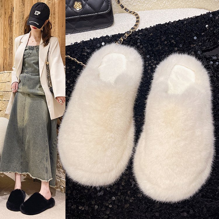 New autumn and winter 2025 Baotou cotton slippers, flat, versatile, simple and casual woolen slippers full figure