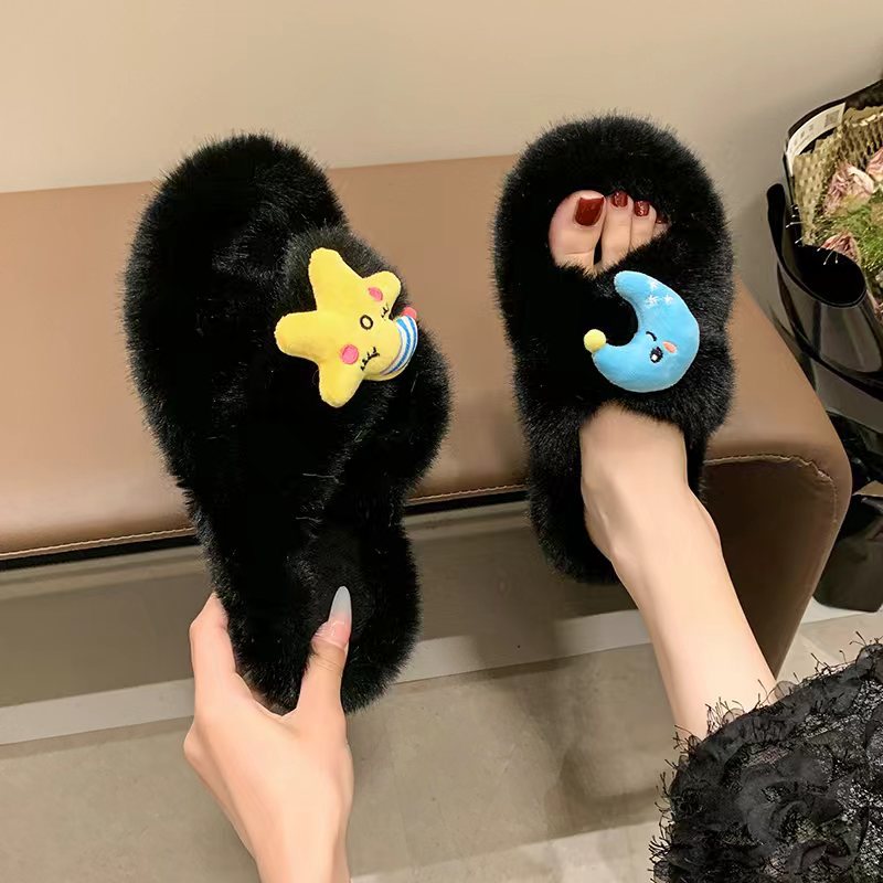 Cute Starry Moon cross fur slippers for women 2025 autumn/Winter new style outdoor home warmth flat heel fur slippers Specification drawing