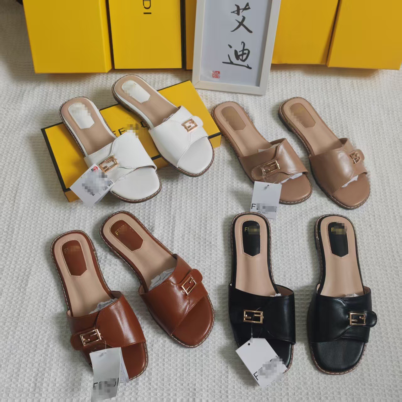 International station Instagram Cross-border foreign trade bestseller FDi flat sandals, one-line metal F-buckle flat sandals full figure