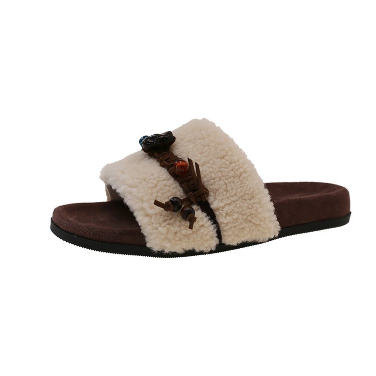 Ethnic-style beaded thick-soled woolen slippers for women's autumn new style outdoor slippers, fashionable and versatile, fleece open-toe slippers Item Picture