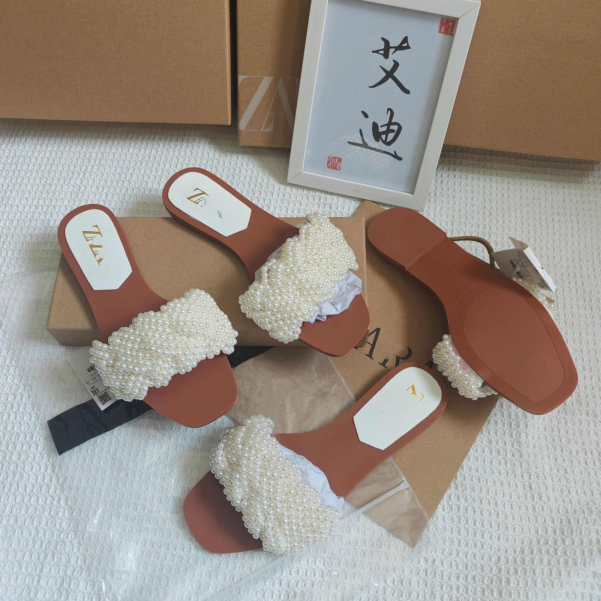 In-stock export ZA original single women's flat sandals with artificial pearl inlay and fashionable square toe one-strap for outerwear Specification drawing