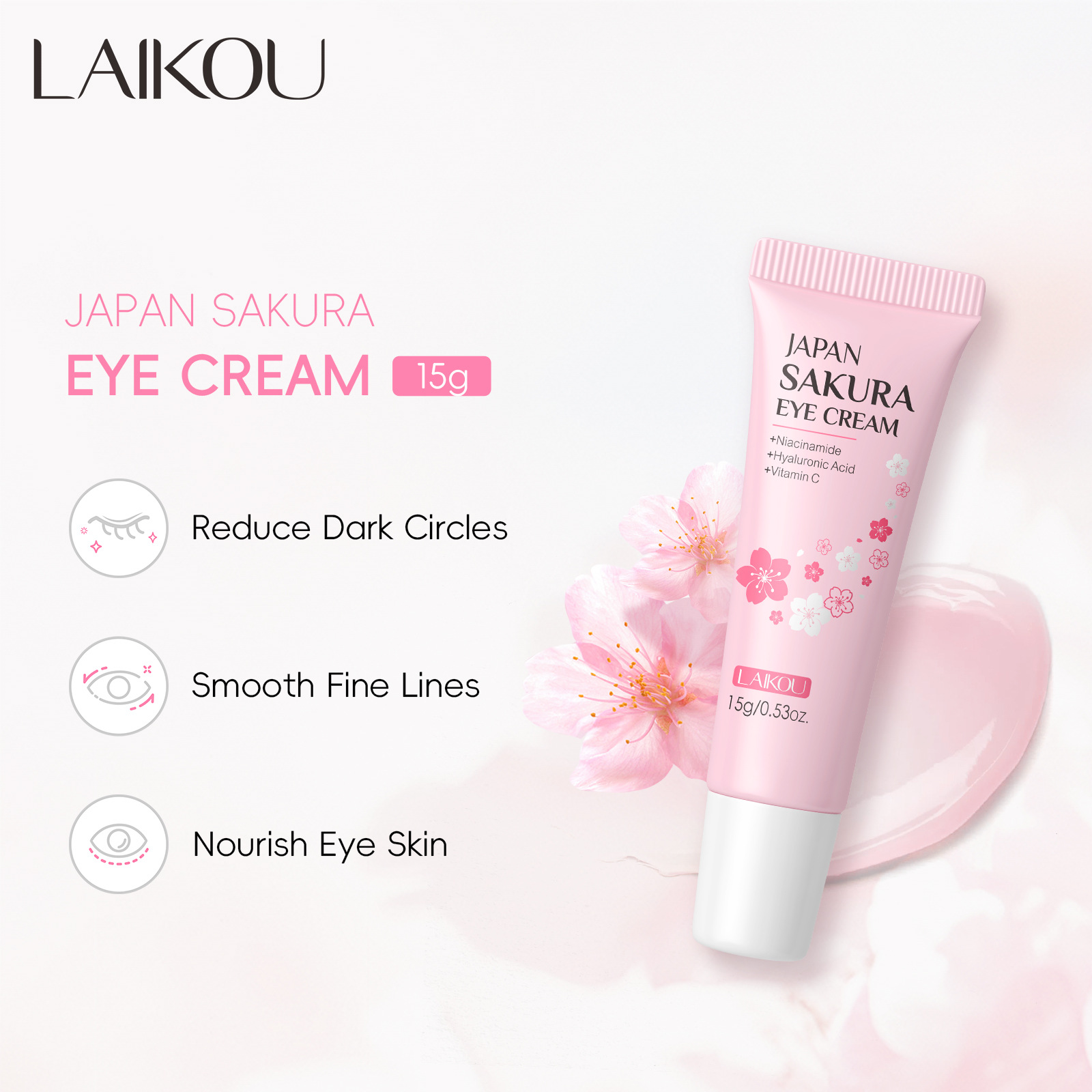 Laikou Cherry Blossom Essence Eye Cream 15g Hydrating and moisturizing skin Care products, English packaging, cross-border supply full figure
