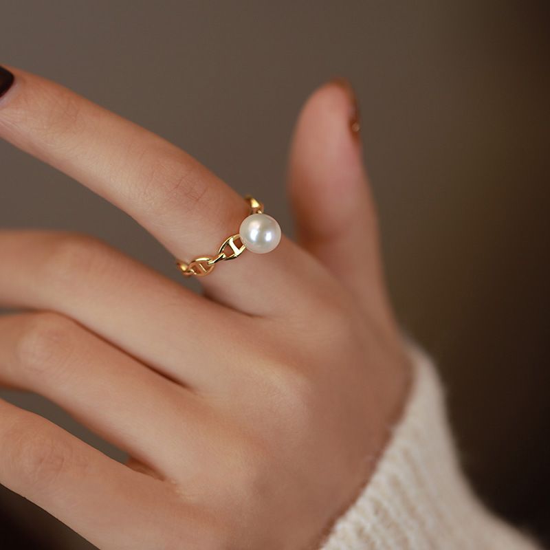 简约海水珍珠猪鼻子戒指时尚高级气质优雅7mm个性小香风