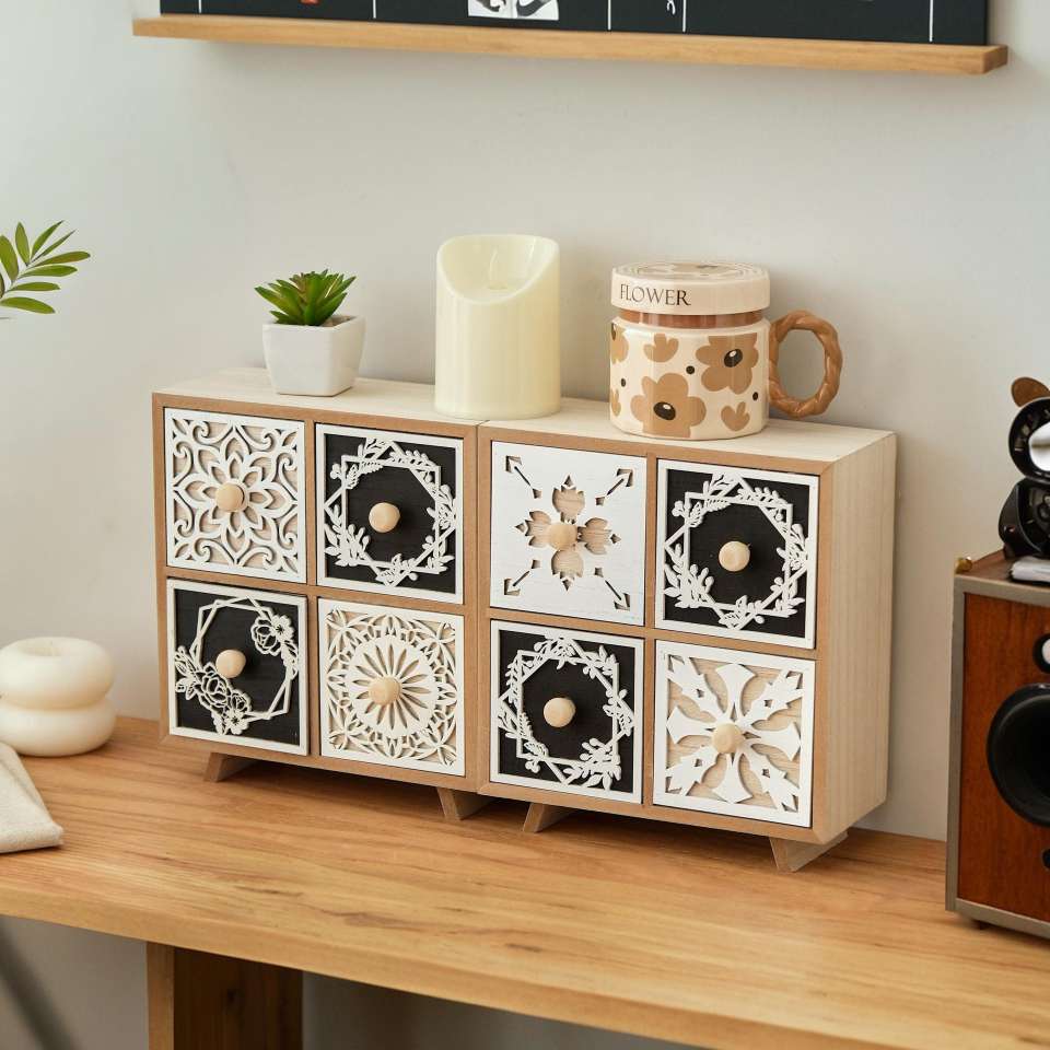 木制收纳柜桌面镂花图案复古柜子饰品化妆品杂物收纳整理柜产品图
