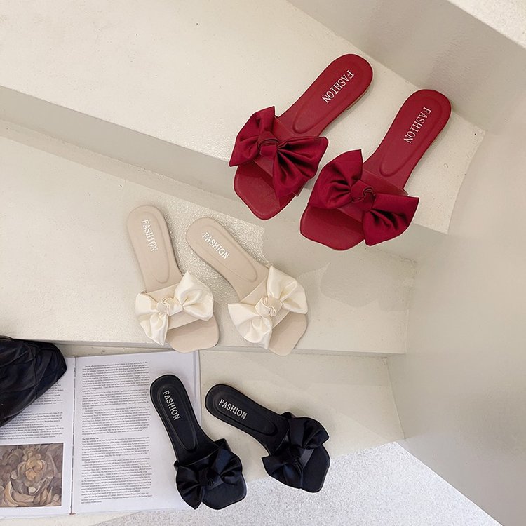 New women's shoes for Spring/Summer 2025: square-toed, flat-bottomed, open-toe, one-shoulder flip-flops, Korean-style fashionable bow women's slippers Specification drawing