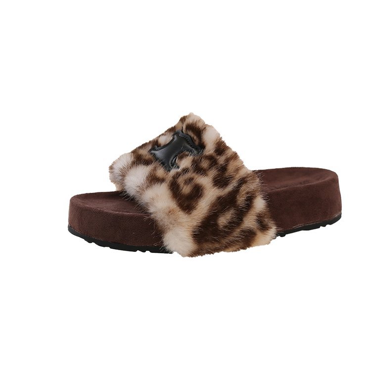 Leopard print thick-soled woolen slippers for women, new autumn 2025 style for outerwear, fashionable and lazy women, one-foot flip-flops for women Item Picture
