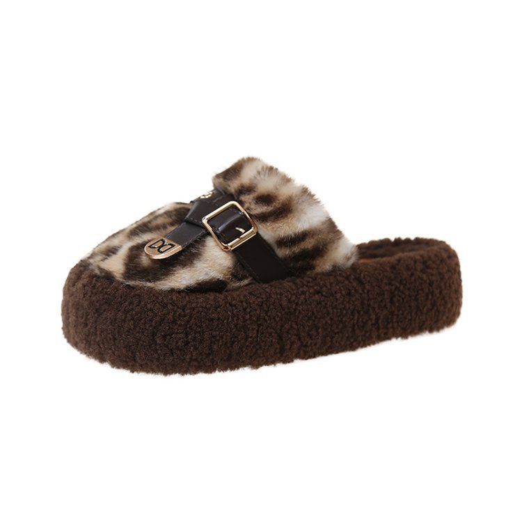 Leopard-print fur slippers for women to wear outside in autumn and winter 2025, new trendy thick-soled plush cotton slippers Item Picture