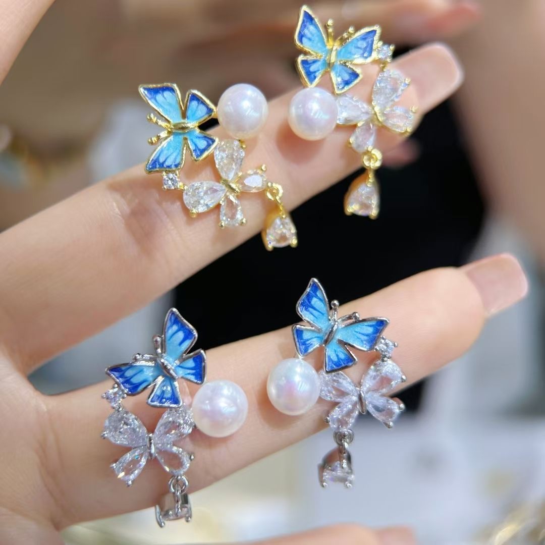 Natural freshwater pearl stud earrings, summer exquisite colored glaze butterfly blue stud earrings, women's zircon bestseller pearl necklace jewelry necklace detail image 2