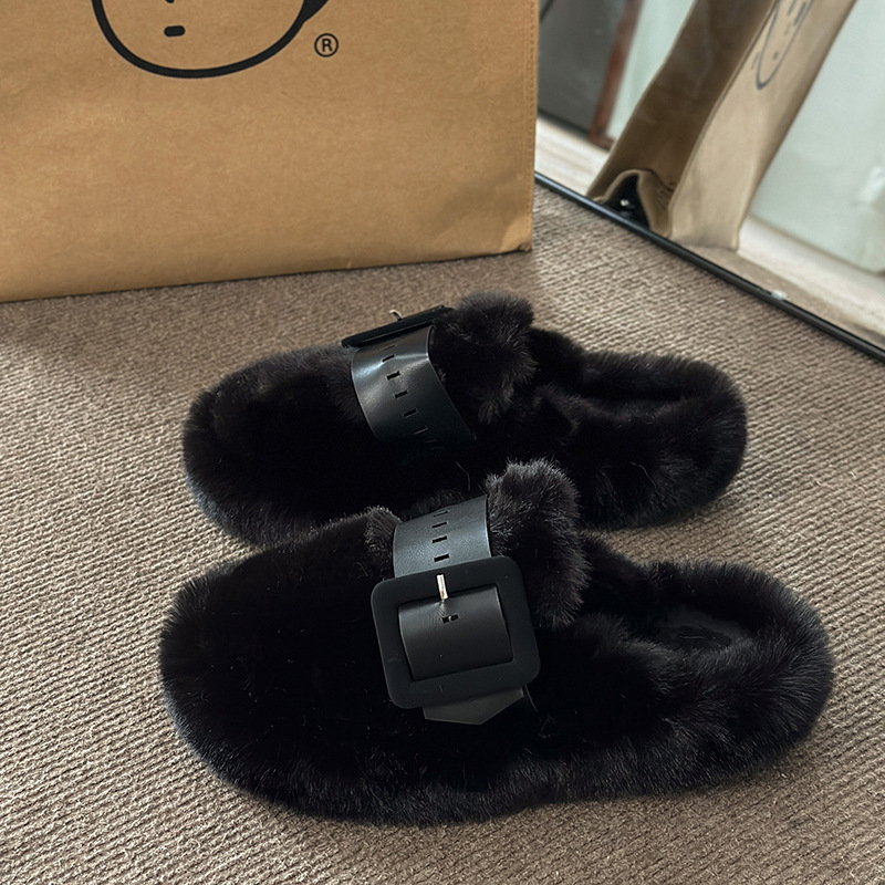 Wholesale of thick-soled, headband, furry slippers for women to wear outside in the winter of 2025, with belt buckles, fashionable and warm plush slippers Specification drawing