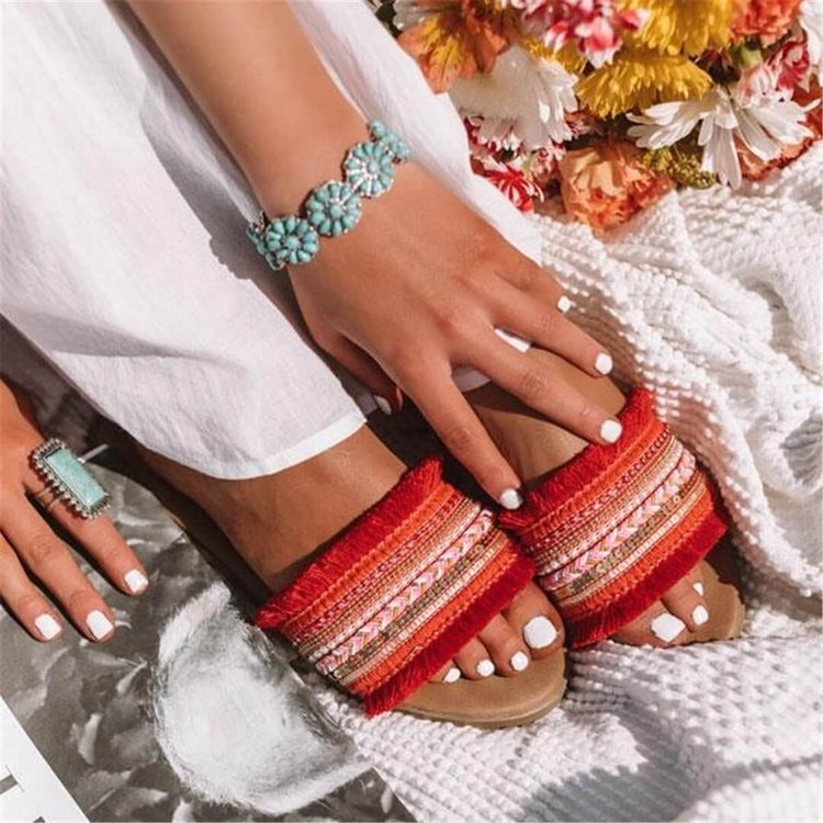 Bohemian flat-bottomed open-toe flip-flops for women's summer, new fashionable outerwear fringed women's flip-flops, wholesale of large-sized women's shoes Specification drawing