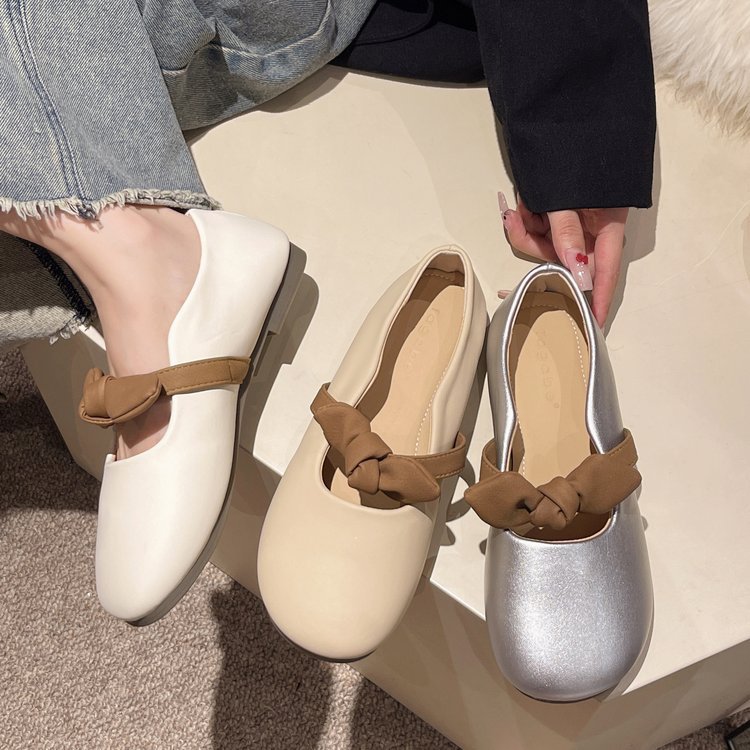 Fairy-tone-style bow tie women's casual leather shoes 2025 new summer soft flat French outdoor bag and single shoe full figure