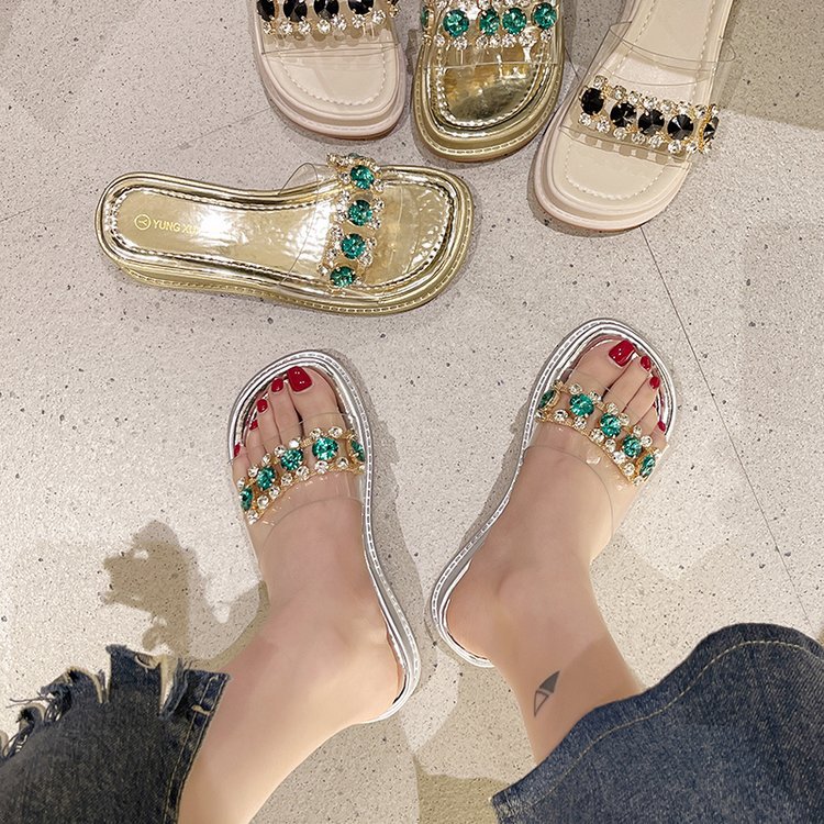 Summer 2025 thick-soled slippers, square head one-line casual, fashionable and versatile beach cool slippers, water diamond crystal slippers Specification drawing