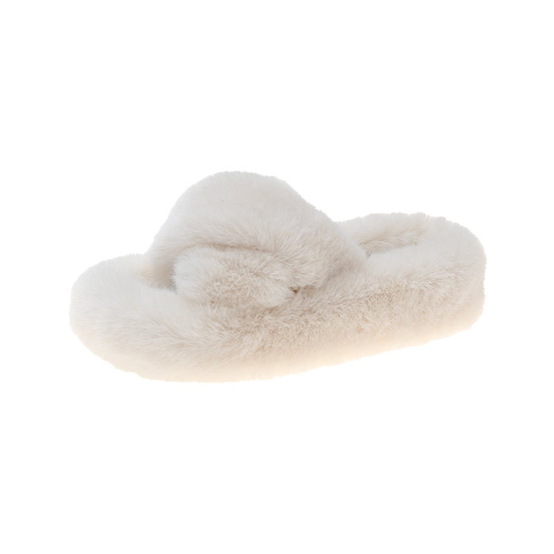 Cross-fur slippers for women's autumn and winter, new solid-color fashionable outerwear slippers for home warmth, plush slippers Item Picture