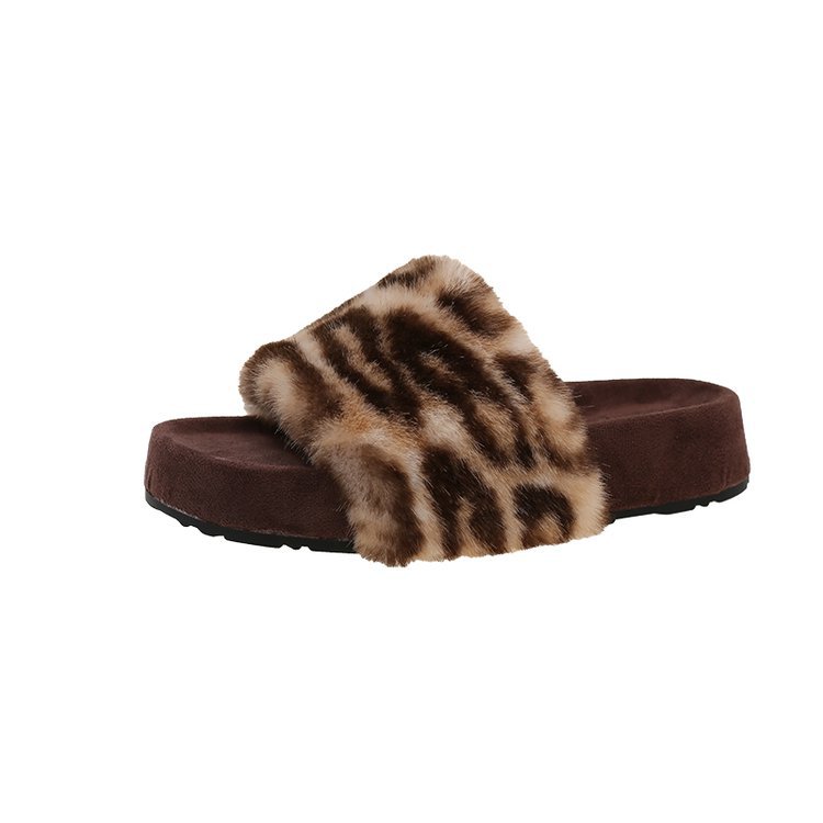Leopard print thick-soled furry slippers for women, new autumn and winter 2025 style lamb furry flip-flops, versatile casual shoes Item Picture