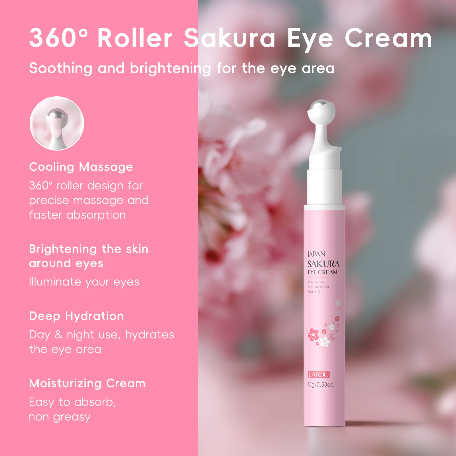 Cross-border new product LAIKOU Cherry Blossom Rolling Eye Cream 15g Hydrating, moisturizing and nourishing the eye area wholesale export eye cream details Picture