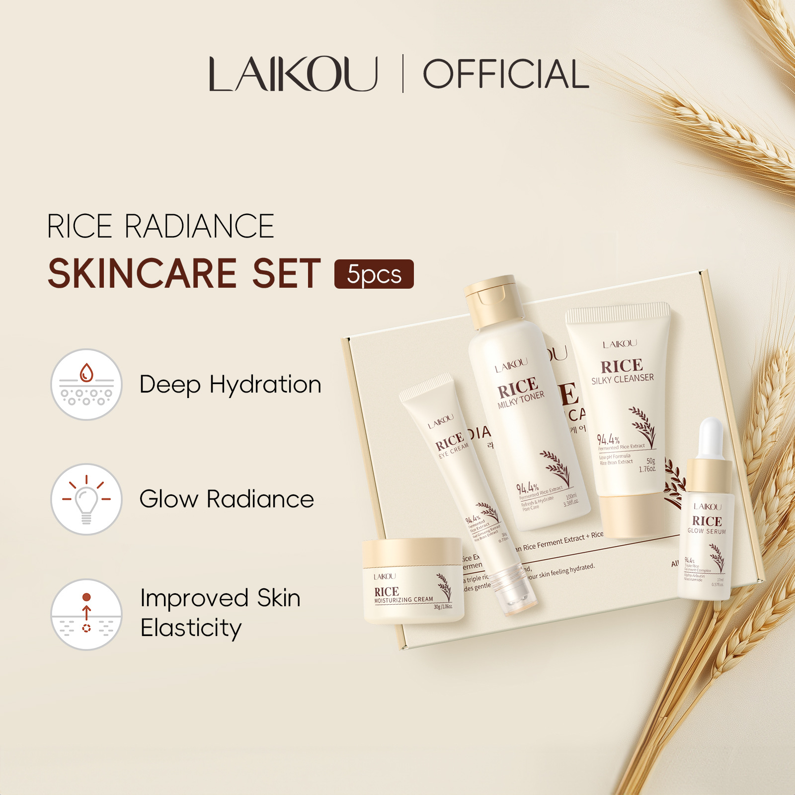 Cross-border new product Laikou Rice Five-piece Moisturizing Cream Moisturizing Plant Extract Facial Skin Care Product Set Box full figure