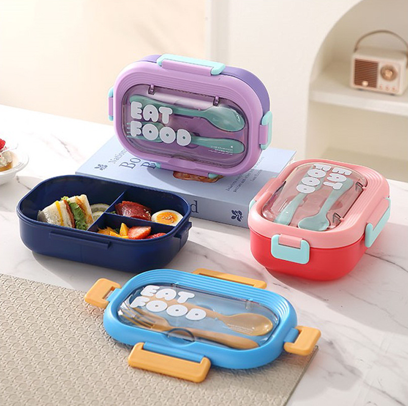 分隔饭盒 多色便携密封餐盒 自带勺叉学生便当盒详情2