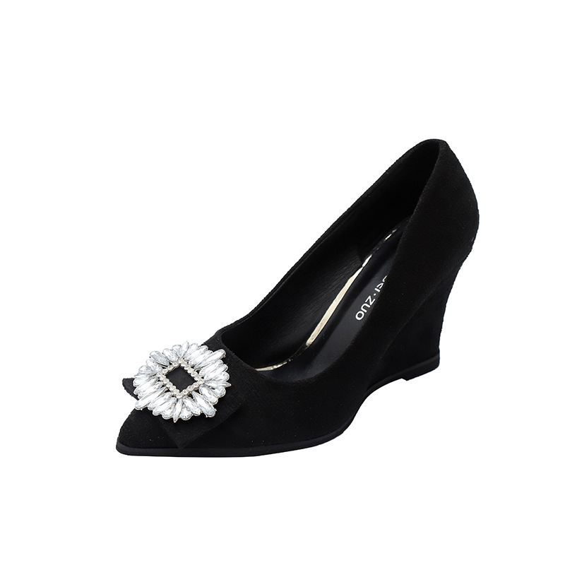 2025 New pointed-toe square buckle rhinestone French black high heels for women with slender heels, elegant and versatile, single shoe with a shallow opening Item Picture