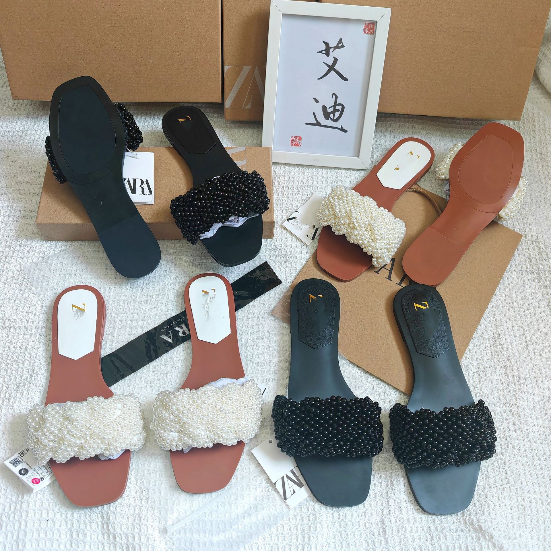 In-stock export ZA original single women's flat sandals with artificial pearl inlay and fashionable square toe one-strap for outerwear full figure